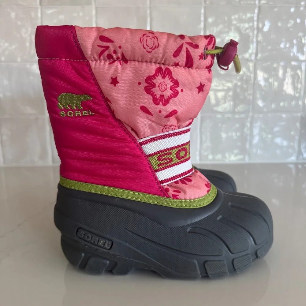 Sorel Snow Commander Boots Girls 10 Pink Floral‎ Waterproof Insulated